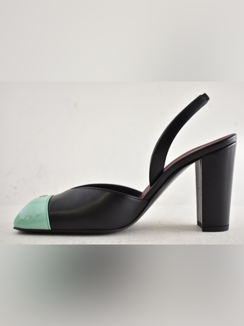 Chanel 26S Blazy Black Mint Green Square CC Sling Slingback Block Heel Pump 37.5 - Picture 12 of 16